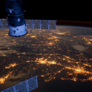 A low Earth orbit satellite viewing Earth from space.